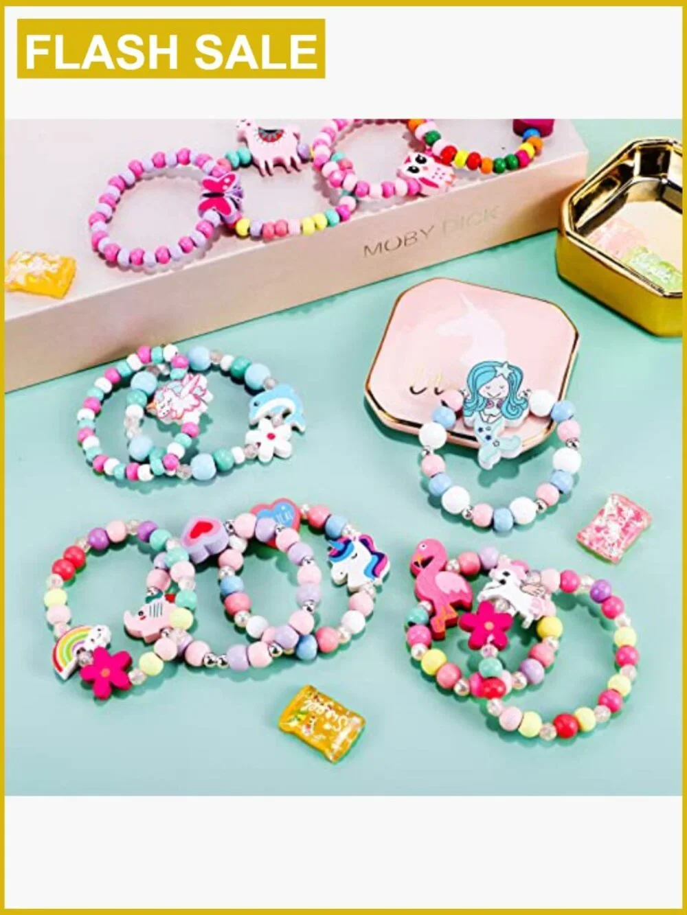 12 Pcs Wooden Beaded Bracelets Girls Unicorn Mermaid Animal Pendant Pretend